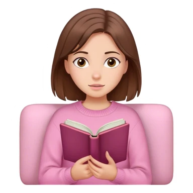 Pretty brown eyed white girl with brown hair and bangs pink sweater reading cozy sticker