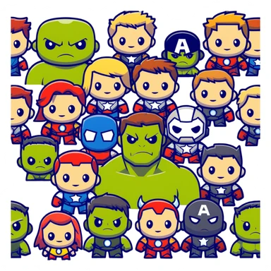 Chibi Avengers team with cute small proportions, big heads, tiny bodies. Include Iron Man, Captain America, Thor, Hulk, Black Widow, and Hawkeye with adorable expressions sticker