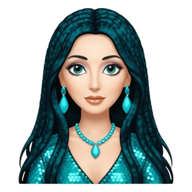 Cher, Goddess of Pop from Famous People with long jet black hair, turquoise sequin outfit sticker