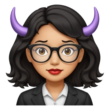 filipino woman with medium wavy hair and black square glasses with horns sticker