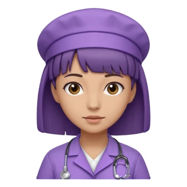 A young female slim nurse with short Brown hair with fringe over her forehead, wearing larvendar purple working cloth sticker