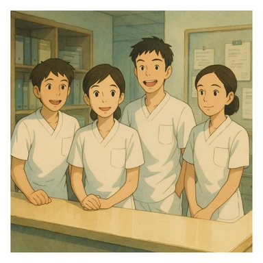 Scene of four nursing students inspired by new photos, in a care station, Ghibli style, white short-sleeve medical uniforms with V-neck and left chest pocket, no accessories, team atmosphere. sticker