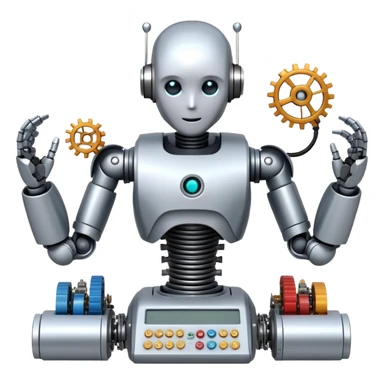 An icon featuring a humanoid robot assembling parts with robotic arms, surrounded by gears, circuit boards, and sensors, symbolizing robotics. The design includes a control panel and AI interface, representing automation, engineering, and innovation. Transparent background. sticker