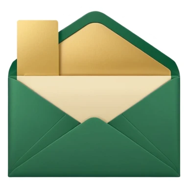 3D minimal open envelope with paper sliding out, matte finish, deep green (#0B3D2C) envelope, cream (#F5F5DC) paper, subtle gold (#C9B037) edge, Apple style, ultra clean, soft shadow, transparent background sticker