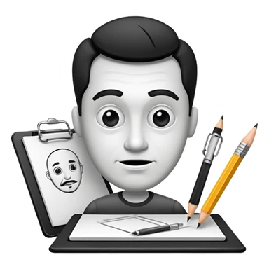 Create an icon representing the process of creating a black-and-white caricature. Include a pencil, a sketchpad with a humorous, exaggerated figure, and inking tools. Use bold lines and shading, with a transparent background. sticker