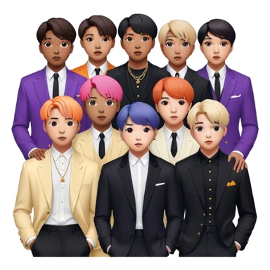 Cinematic Realistic group portrait of BTS featuring all 7 members in stylish modern attire, with detailed facial expressions and vibrant colors, captured in dynamic, contemporary lighting that emphasizes their global pop icon status sticker