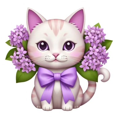 white and pink detailed cat holding lilac flowers with a big bow on its neck, emoji style sticker