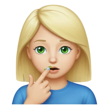 a emoji with two fingers in his nose, make him have a natural white skincolour and blonde hair, blue/green eyes, put the fingers in his nose sticker