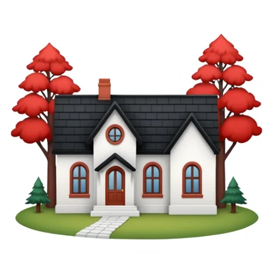 a one-story house with a forest background. The house is to have a white façade with red brick inserts.  the roof is to be black, gable. sticker