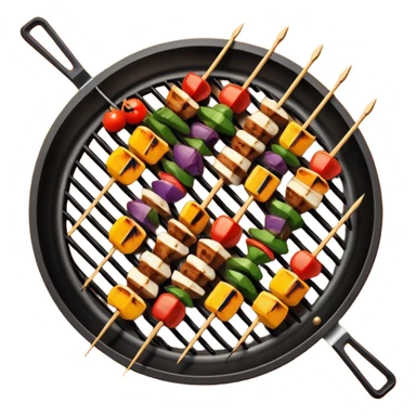 Grilled dishes avatar in bright emoji-style illustration. Skewers, BBQ, and grilled vegetables, warm fire tones, simple shapes, flat design, high contrast, tasty and inviting. sticker