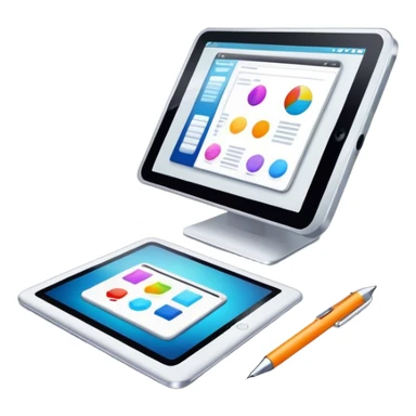 Computer graphics icon, digital design tools like a stylus, tablet, computer image on screen, vibrant colors, minimalistic style, clean lines, transparent background. sticker