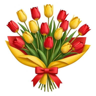 bouquet of tulip with red bow and yellow wrapping paper sticker