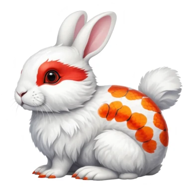 Asian Painted Fluffy Realistic Dwarf-Hotot-Rabbit-Rock-Ptarmigan-Koi-Fish-Animal-hybrid, full body, with red marking over eye sticker