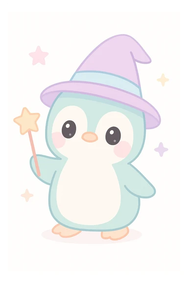 wizard penguin, magical hat, holding a wand, fantasy, cute sticker
