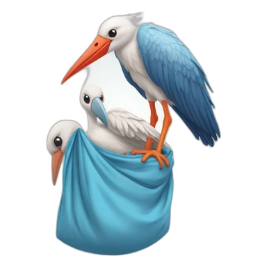 White stork carrying a blue bundle of cloth that has a human person cute baby human in it and the human baby head is peeking from the fabric the strok is carrying in its beak sticker