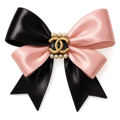 heart only the elegant bow with pearls and gold Chanel logo, glossy, pastel colors, realistic style, with no background. black pink,  sticker