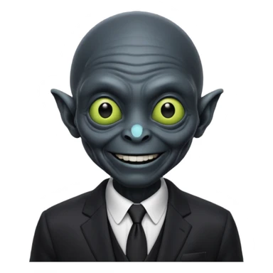 an old alien with black suit, smile sticker