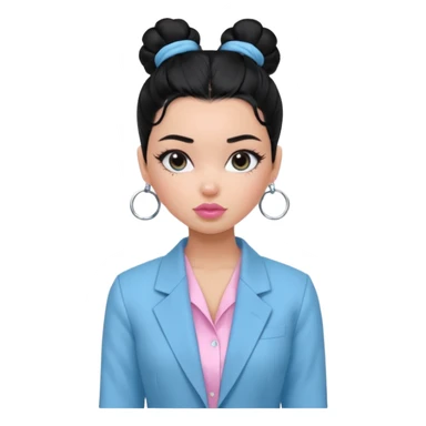 generate a pretty bratz girl with black hair tied up in a bun. wearing a light blue full sleeve shirt and a black blazer over it. silver small hoops, pink lipgloss.  sticker