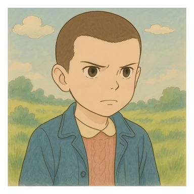 Create a version of Eleven with shaved hair, serious expression, simple and delicate line art as in the reference drawing, colored in pastel tones, with darker outlines. Style: Ghibli. Format 1:1. sticker
