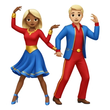 Two people dancing. A man wearing red with light skin and blonde hair. A women wearing bue with dark skin and brown hair. sticker