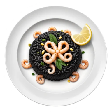 cinematic-realistic-black-risotto-dish,-showcasing-small squid pieces-rendered-with-bold-textures-and-dynamic,-dramatic-lighting in a white plate with a grilled lemon on top sticker