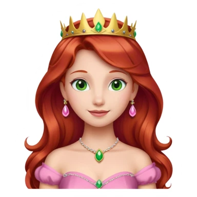 Aurora princess, classic fairytale style, red hair, pink gown, gentle smile, green amber eyes, emoji style sticker