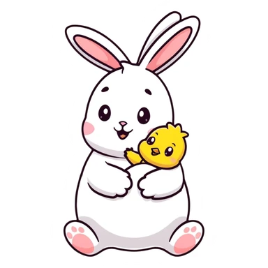 Adorable easter bunny hugging a small yellow chick sticker