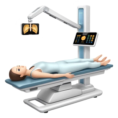 3D medical DEXA scan machine with patient lying on table, bone density measurement equipment sticker