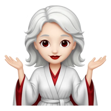 vull un perosnatge estil bimoji que sigui com una nimfa bella i fantasmal amb túniques blanques. Té la pell literalments blanca com el guix, cabell platejat, un nas llarg, ulls negres grans i llavis carmesí. que estigui somrient sense arrecades i vestimenta vermella i blanca sticker