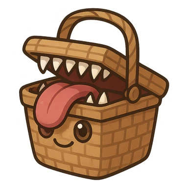 a picnic basket mimic with a classic woven basket, hinged lid slightly open revealing sharp monster teeth and a long playful tongue, cartoonish eyes on the front, cute and mischievous fantasy monster vibes sticker