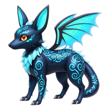 Shiny Fiery Dark Ugly Evil Realistic Glowing Eldritch Horror Cool Edgy Badass Emo Glorious Demonic Batty Dusky Ethereal Sparkly Shimmering Magical Punky Aural Iridescent Fluorescent Bioluminescent Umbreon-Noibat-Salandit-Litten-Flareon-Fakémon-fusion (full body) with intricate pattern markings sticker