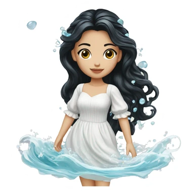 Pretty young Lady doll posing posed pose with long black hair flowers in hair white dress surrounded by flowing water water swirls waves sticker