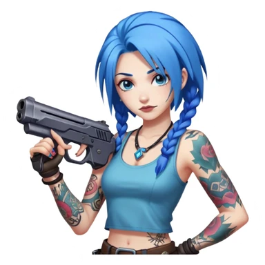 Jinx from League of Legends with blue hair and tattoos, holding guns sticker