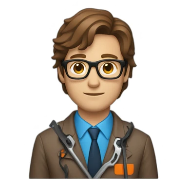 a guy with brown hair, square glasses, an orange repairman's suit, blue eyes, with a chainsaw sticker