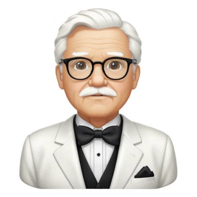 Colonel Sanders KFC, old man with white hair, white goatee, black bow tie, white suit, glasses sticker