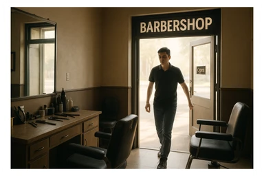 Shu odamni sartaroshxonaga kirib kelayapti  o'smirin davri rakurs ichkaridan sartaroshxona eski ham yangi ham emas bolani juda semiz qilib yuborma  u ozg'inroq bo'lsin huddi sartaroshxonani  hammadan oldin kelib ochsin sticker