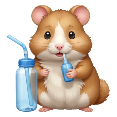 Cute cartoon-style hamster hugging an oversized water bottle, sipping with tiny straw, happy expression. Painterly shading, expressive eyes, white background, sticker-style illustration sticker