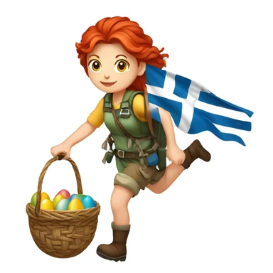 Female mountaineer red hair climbing with Easter egg sbasket and Greek flag sticker