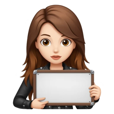 A fair skin rocker chick with long brown hair holding a large blank sign sticker