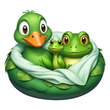 A goose and frog cuddled in bed together  sticker