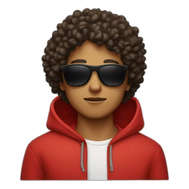 Square-jawed boy with curly hair and black sunglasses and red hoodie sticker