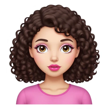 girl with daark brown curly hair light to place skin medium sized pink lips curved eyebrows blush and a buttchin sticker