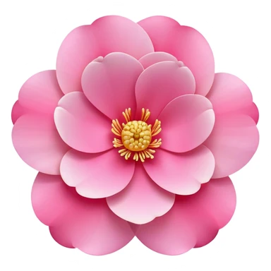 camellia flower, flat design, 5 layered pink petals with soft gradient, golden stamen in center, minimal outline, clean circular shape, pastel colors sticker