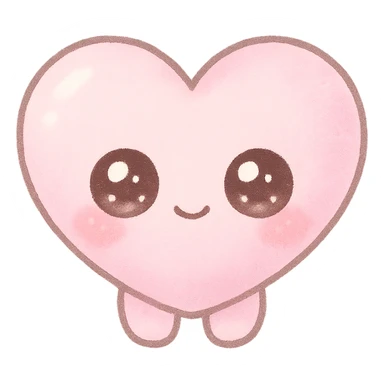 kawaii chibi pink heart character with big sparkling eyes, soft pastel colors, no arms, no legs, full body, soft pastel kawaii style sticker