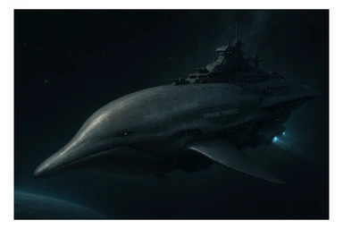 capital class space cruiser supercarrier of Zrian [human] origins, named the "Ophion Tempest"
The ship has a sleek design, mimicking a prehistoric sea-mammal or Cetacea  sticker