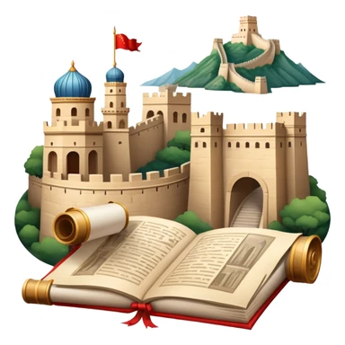 icon featuring an ancient scroll, quill pen with famous historical landmarks and monuments like the Great Wall and the Colliseum in the background. Historical figures are depicted as statues, symbolizing the study of history. Transparent background highlights the legacy of past civilizations. sticker