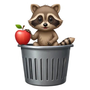 a raccoon sitting ontop of s trash can holding a bitten apple sticker