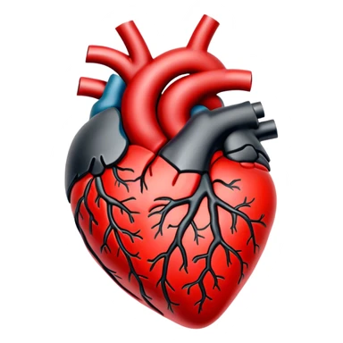 A highly detailed, hand-drawn anatomical human heart with a bold, red and black color scheme. The heart should have a textured, slightly vintage, and embroidered look, with strong highlights and shadows giving it depth. The edges should have a white outline, making it stand out from the background. The background should be transparent to make it a clean PNG file. sticker