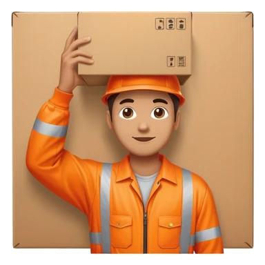 man standing facing away, wearing orange hi visibility overalls  holding a box above his head sticker