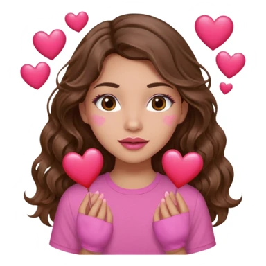 girl with long wavy brown hair, brown eyes, light to medium complexion, in a pink shirt, pink lips, long lashes, many  hearts in hand sticker